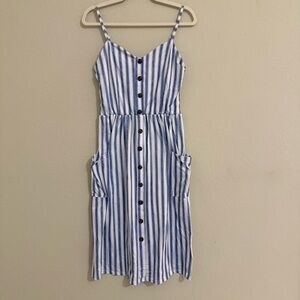 Angashion Blue & White Striped Faux Button-Down Midi Dress Pockets Womens Large